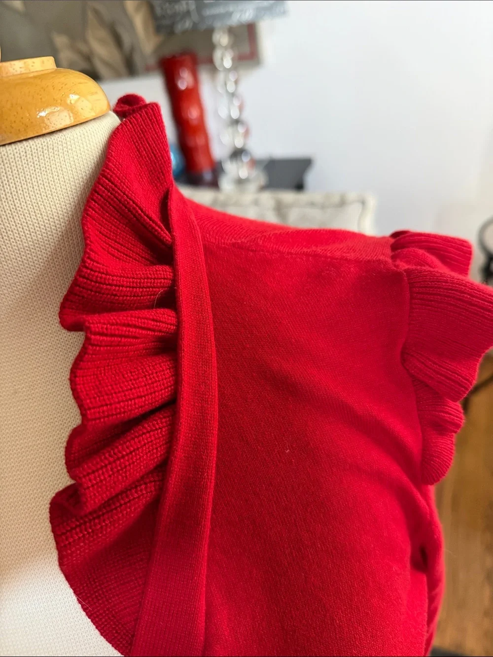 Cabi Red Button-Up Ruffle Collar Cardigan#4284